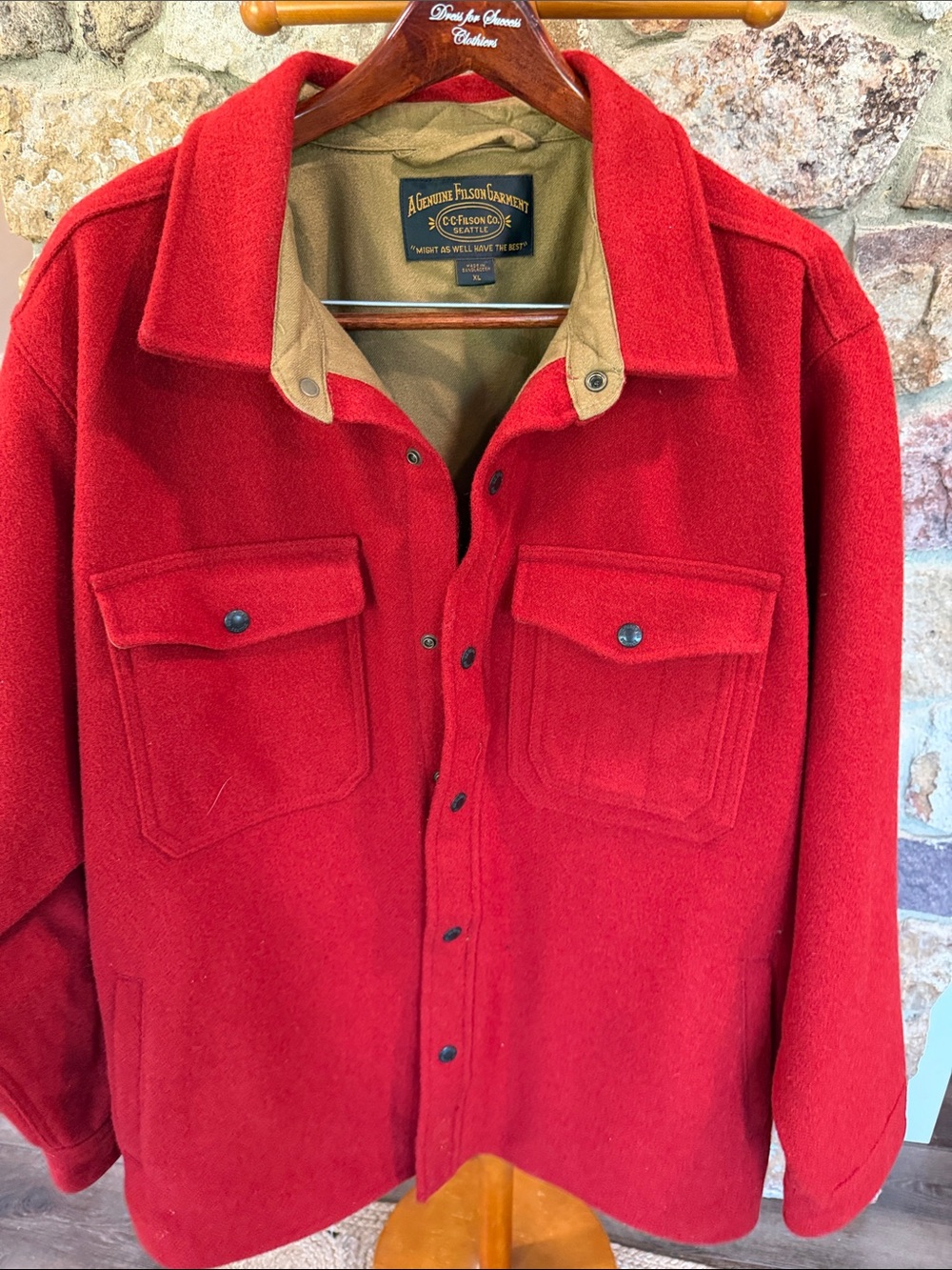Filson Mackinaw Red Wool Shirt Jacket with Tan Collar